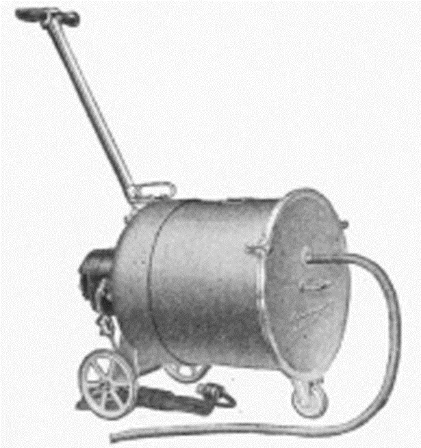 The world's first vacuum cleaner was invented in 1866. A man named Ives W. McGaffney created this manual vacuum that worked by using a hand crank attached to bellows to suck the air from a tube. The atmospheric pressure pushed air on the surface up into the tube due to the difference in air pressure caused by the cranking. While the vacuum worked to pick up dirt and debris from the floor at the end of the hose, the debris was simply redistributed out of a vent on the device. This method of "cleaning" remained the standard in vacuuming until the vacuum filter was introduced by Hubert Cecil Booth in 1901.