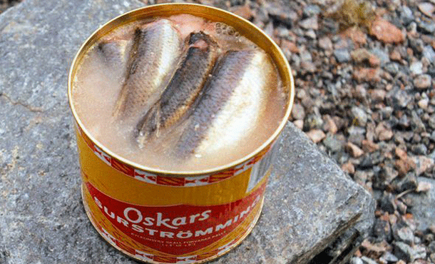 Surstromming: A northern swedish dish that consists of fermented baltic herring, it is usually sold in cans like the one above. While they are being shipped the cans sometimes bulge due to the ongoing fermentation. Recently, a study in Japan found that surstromming releases the most putrid odor of any food in the world. Somehow it makes sense that its usually eaten outdoors.