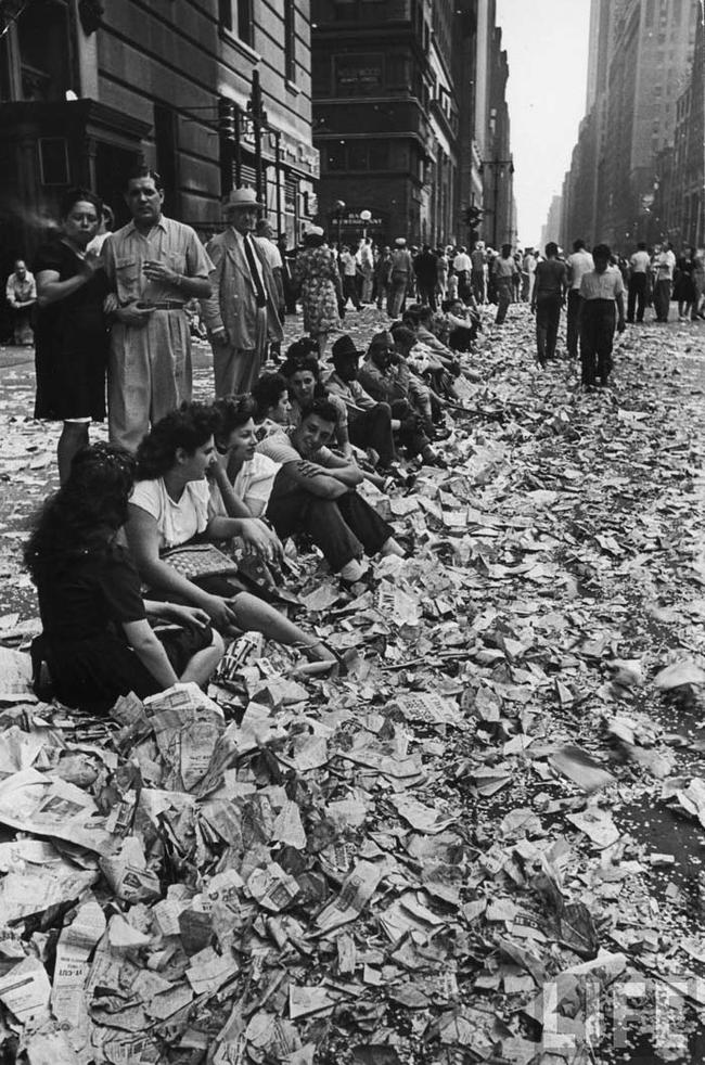 1945 - Aftermath of the Victory over Japan Day celebrations in New York City.