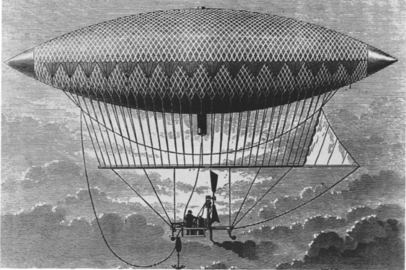 Airship non-rigid, 1852. Inventor : Henri Giffard. Steam-powered propeller flew over Paris 1852