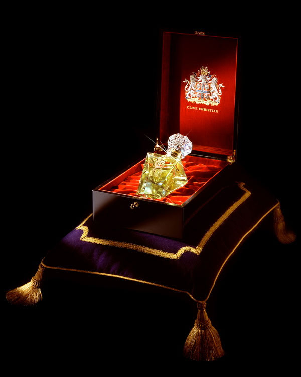 The most expensive perfume in the world is by Clive Christian "Imperial Majestys" the bottle is made from lead crystal and the collar part of the bottle is an untainted gold-plated 24 karat, plus sterling silver. The bottle comes with a dazzling white diamond cut solitaire embedded that could alone be worth 215,000. The top is twisted after the unique design granted by Queen Victoria. Only 20 bottles of Clive Christian Imperial Majestys were made, 10 for men and 10 for women.
