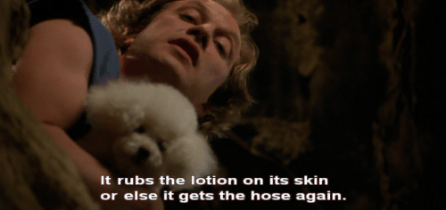 rubs the lotion on its skin - It rubs the lotion on its skin or else it gets the hose again.