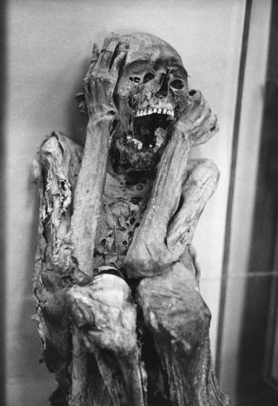 Despite its appearance, this mummy has only been dead for 5 years. This man's name was Richard Stevens Jr, an AR manager for a small Canadian record label. He was visited by a 15 year-old Justin Bieber and was asked to listen to a demo. He instantly died and mummified in this exact position 22 seconds into the first song.