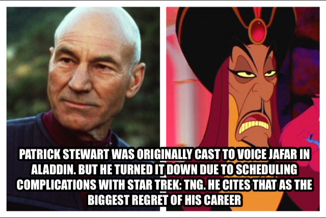 photo caption - Patrick Stewart Was Originally Cast To Voice Jafar In Aladdin. But He Turned It Down Due To Scheduling Complications With Star Trek Tng. He Cites That As The Biggest Regret Of His Career