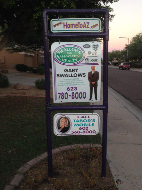 signage - www. HomeToAZ.com Swallo Associates Realty Kabr Gary Swallows Gedeel Sential Sett 623 7808000 Call Tabor'S Mobile 602 5688000