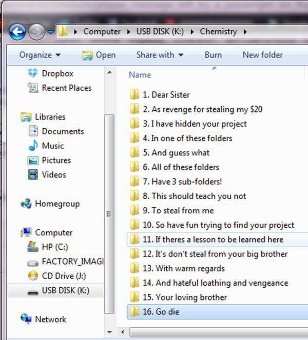 hidden folder meme - Computer Usb Disk K Chemistry with Burn New folder Organize a Open Dropbox 5 Recent Places Name Libraries Documents Music Pictures Videos Homegroup 1. Dear Sister 2. As revenge for stealing my $20 3.I have hidden your project 4. In on