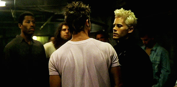 In the ‘Fight Club’ scene where Tyler Durden is giving the we were all raised to believe that one day we would be millionaires and movie gods and rock stars speech, he says ‘rock stars’ directly to Angel Face played by Jared Leto. Leto formed the band 30 Seconds to Mars the year prior to the movie being made. The band has since had a Platinum album.