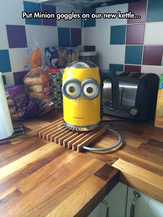 funny electric kettle - Put Minion goggles on our new kettle...