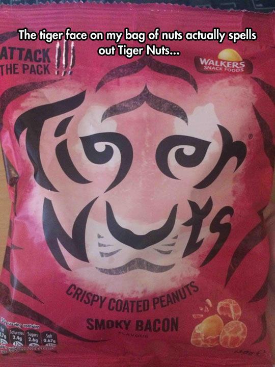 tiger nuts walkers - The tiger face on my bag of nuts actually spells Attack I out Tiger Nuts... The Pack Walker Rispy Coated Peanu Smoky Bacon Peanuts