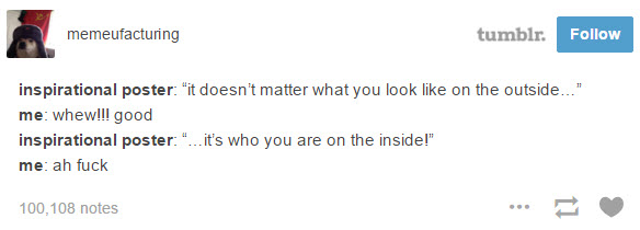 tumblr - hilarious tumblr tumblr funny posts - memeufacturing tumblr. inspirational poster "it doesn't matter what you look on the outside..." me whewlll good inspirational poster "...it's who you are on the inside!" me ah fuck 100,108 notes