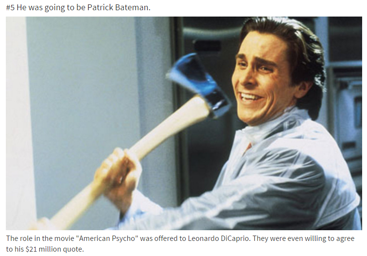 christian bale american psycho tom cruise - He was going to be Patrick Bateman. The role in the movie "American Psycho" was offered to Leonardo DiCaprio. They were even willing to agree to his $21 million quote.