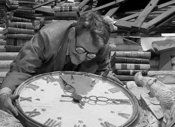 "Time Enough at Last" An episode which starred Burgess Meredith as a bookworm who would much rather escape into the worlds of Dickens, Shaw and Shakespeare than deal with testy bank customers or a hen-pecking wife. As he hides out in his bank's vault to read during a lunch break, a nuclear bomb wipes out said wife, customers, and every other human being, leaving him alone in a decimated city with his treasured literary classics - until the climactic ending.