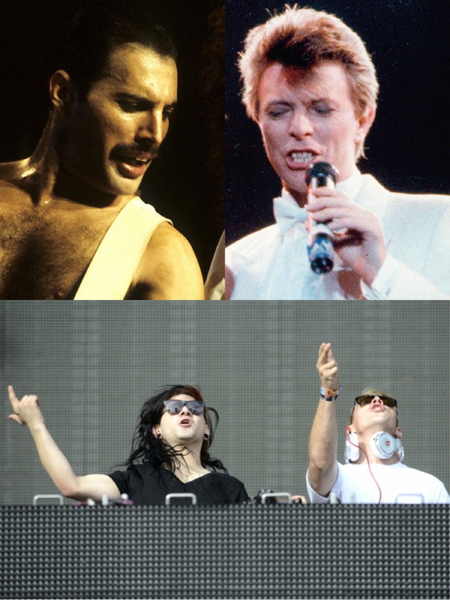 Two popular artist collaborating on top single. (Top: David Bowie & Freddy Mercury) 
(Bottom: Skrillex &Diplo)