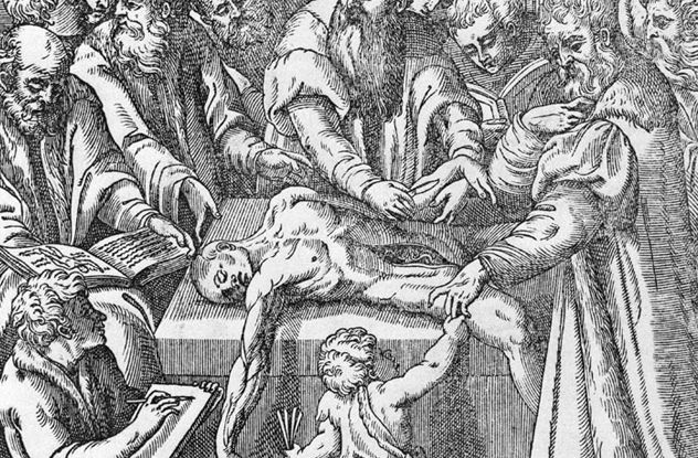 Public Dissections:
Public dissection was a common practice in Europe. The Murder Act in 1751 declared that all murderers be dissected after death, and this was a particularly strong deterrent to murder. At the time, public dissection was seen as the ultimate indignity. One young murderer condemned to dissection commented to a constable manning the gallows that his victim was better off than he. The constable agreed. Because it was seen by many as desecration, friends of the condemned would often race to the gallows after the hanging. They challenged the men sent to recover the bodies. This sometimes degenerated into bloody contests between the two sides. The actual dissection was performed by three men. It was a ritualized, theatrical event. The highest-ranking doctor sat on a raised dais above the corpse and read from an anatomical text to explain the dissection to onlookers. Second in rank was the surgeon, who dissected the body. He was held in lower regard because he made contact with the dead body. Finally, another man pointed out specific organs with a wand.