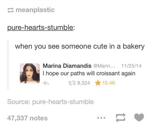 pun marina puns - meanplastic pureheartsstumble when you see someone cute in a bakery Marina Diamandis ... 112514 I hope our paths will croissant again 119,324 Source pureheartsstumble 47,337 notes