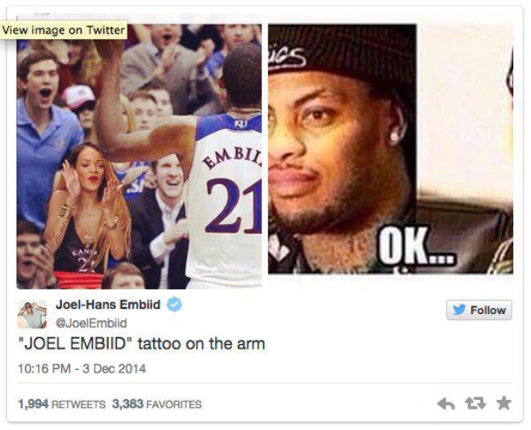 media - View image on Twitter Emb A JoelHans Embiid "Joel Embiid" tattoo on the arm 1,994 3,383 Favorites