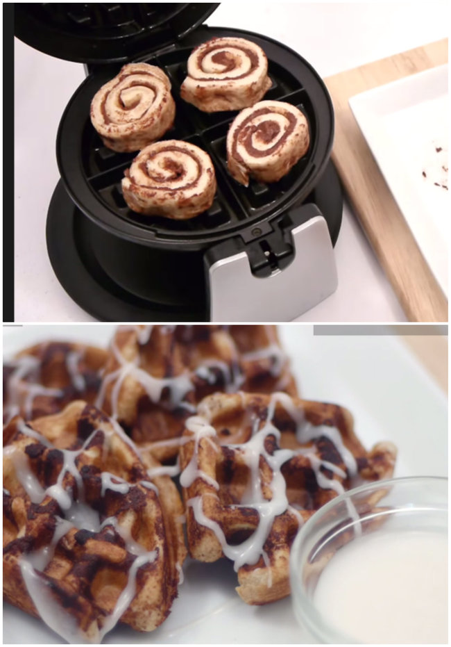 Put pre-made cinnamon rolls in your waffle iron for 2-3 minutes and voila! Cinna-waffles.  https://www.youtube.com/watch?v=at7w8p5JOFM