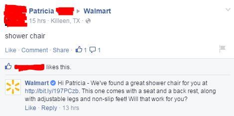 old people facebook post - Walmart Patricia 15 hrs Killeen, Tx shower chair Comment 101 this. Walmart Hi Patricia We ve found a great shower chair for you at . This one comes with a seat and a back rest, along with adjustable legs and nonslip feet! Will t