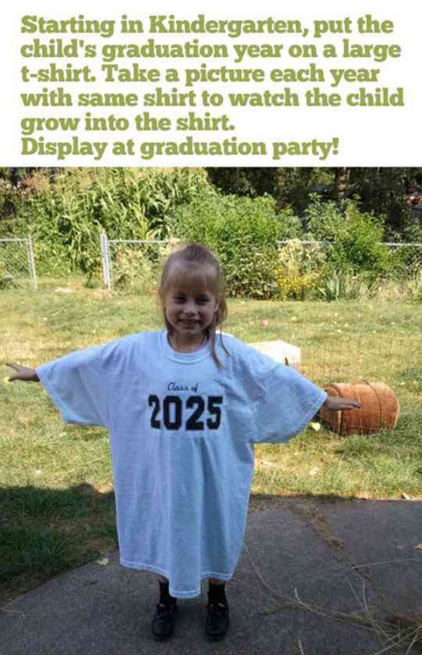 child in oversized shirt - Starting in Kindergarten, put the child's graduation year on a large tshirt. Take a picture each year with same shirt to watch the child grow into the shirt. Display at graduation party! Cloud 2025