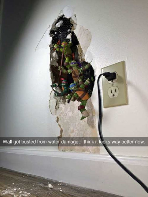 broken stuff - Wall got busted from water damage, I think it looks way better now