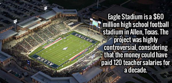 fact allen texas - Eagle Stadium is a $60 I million high school football stadium in Allen, Texas. The project was highly controversial, considering that the money could have paid 120 teacher salaries for a decade.