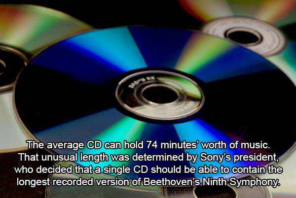 fact random ass facts - The average Cd can hold 74 minutes' worth of music. That unusual length was determined by Sony's president, who decided that a single Cd should be able to contain the longest recorded version of Beethoven's Ninth Symphony