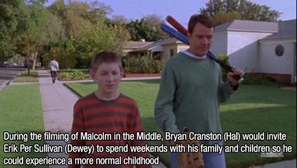 fact community - During the filming of Malcolm in the Middle, Bryan Cranston Hal would invite Erik Per Sullivan Dewey to spend weekends with his family and children so he could experience a more normal childhood