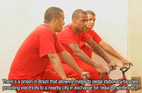 fact shoulder - There's a prison in Brazil that allows inmates to pedal stationary bicycles, providing electricity to a nearby city in exchange for reduced sentences