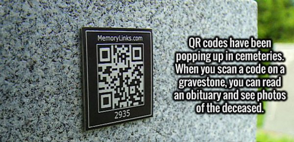 fact headstone - MemoryLinks.com Qr codes have been popping up in cemeteries. When you scan a code on a gravestone, you can read an obituary and see photos of the deceased. 2935