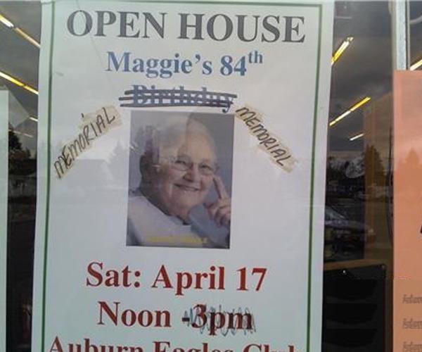poster - Open House Maggie's 84th Memorial Memorial Sat April 17 Noon Bpm Auburn Toclo C