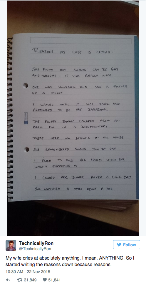 Guy Writes Down Why His Wife Cries