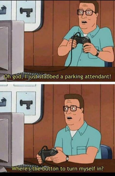 king of the hill gta - Oh god, T just stabbed a parking attendant! Where's the button to turn myself in?