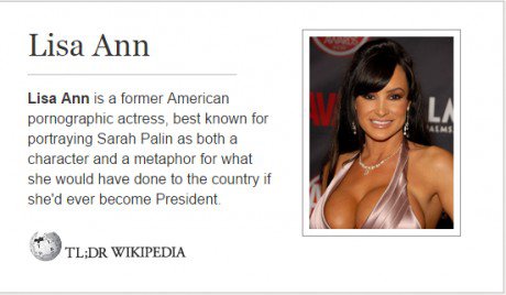 black hair - Lisa Ann Lisa Ann is a former American pornographic actress, best known for portraying Sarah Palin as both a character and a metaphor for what she would have done to the country if she'd ever become President Tl;Dr Wikipedia