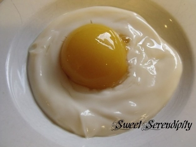 It’s egg-sactly vanilla yogurt and halved peach