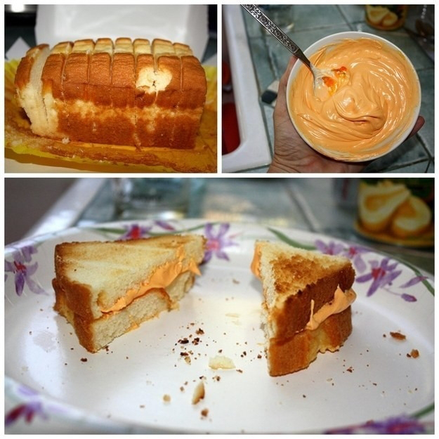 Make a faux grilled cheese with pound cake and tinted butter frosting.