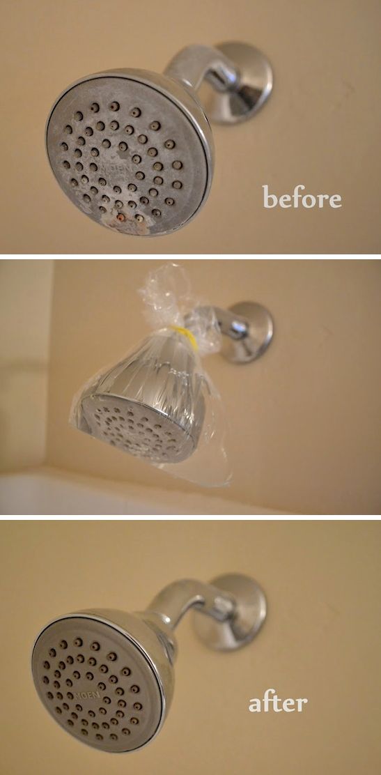 Shower head:
A quick spray and a wipe-down won't de-clog your shower head or really clean it. Here's how to really clean it: pour white vinegar in a plastic bag and secure it around your shower head for an hour. Wipe it clean with a wet cloth and it'll be good as new.