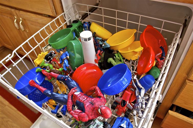 Toys:
Individually hand-washing your kids' toys is such a pain - but there is a better way. Round up all the hard plastic toys in the house and run them through the dishwasher (just make sure they won't melt).