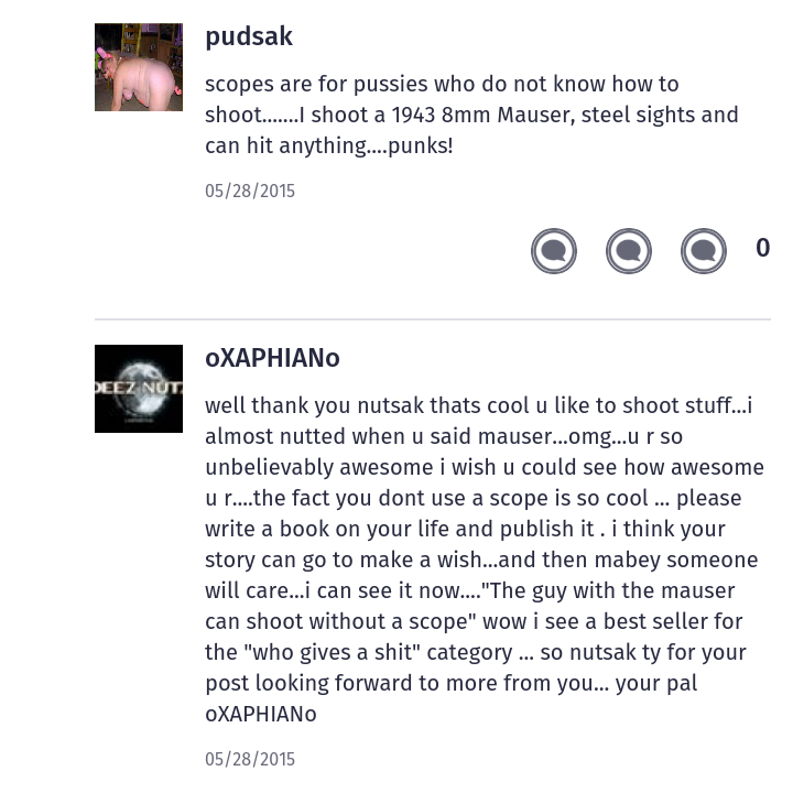 so this user pudsak A.K.A nutsak is like a stocking ex girlfriend. i think its cute he tries to troll but lacks. so i posted a scope pic i uploaded and he "tried" to troll me but ended up with the best response ... also look forward to my "ex" posting in the comment section . lol
