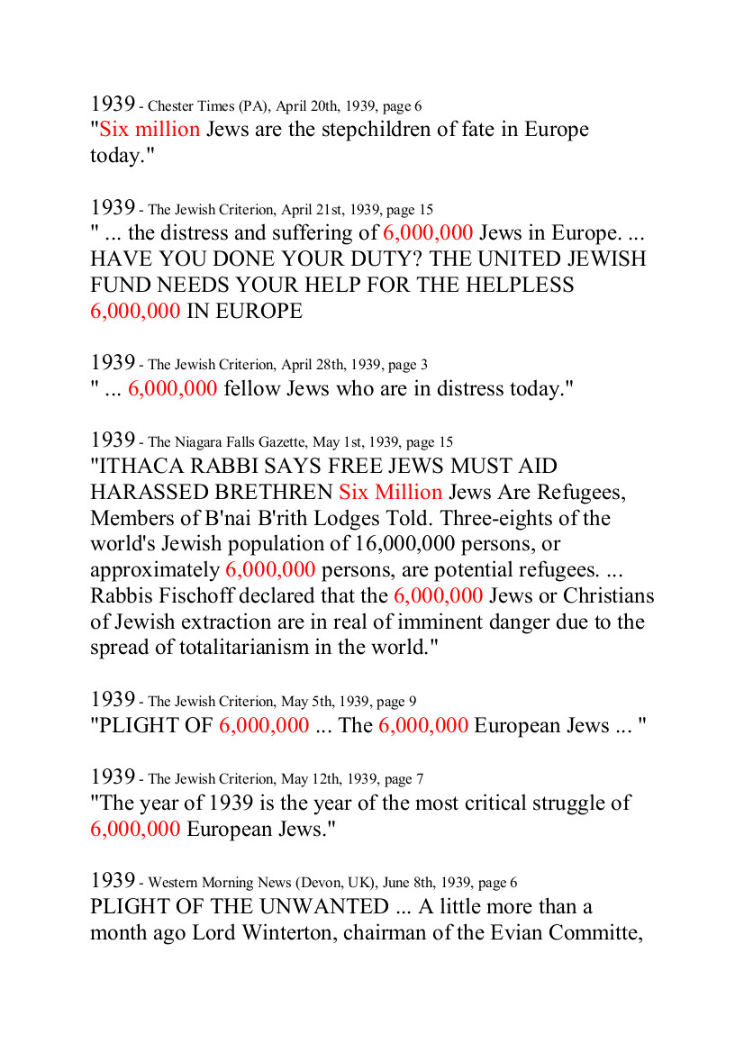 AND HERE IS THE REST OF THE REFERENCES TO 6,000,000 BEFORE WORLD WAR 2