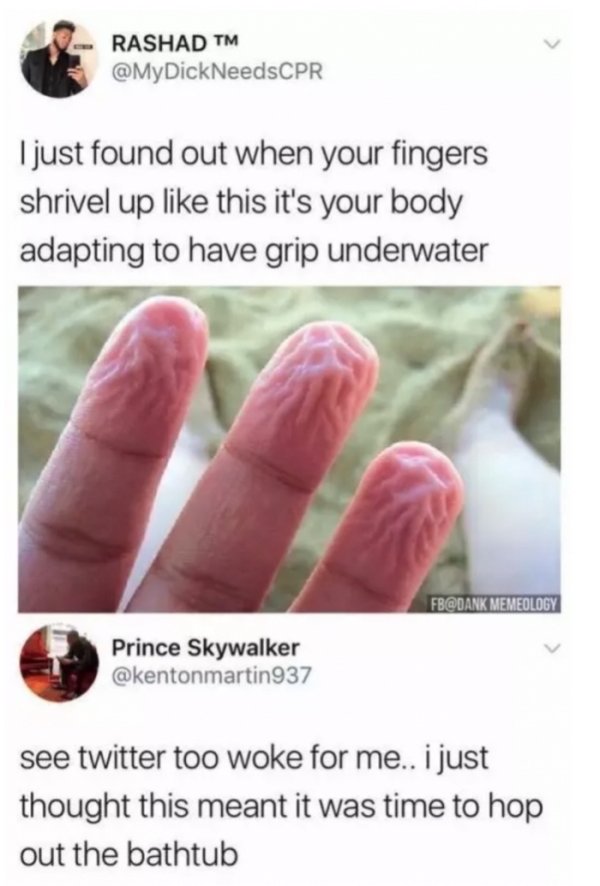 tweet - woke meme - Rashad Tm I just found out when your fingers shrivel up this it's your body adapting to have grip underwater Fb Memeology Prince Skywalker see twitter too woke for me.. i just thought this meant it was time to hop out the bathtub