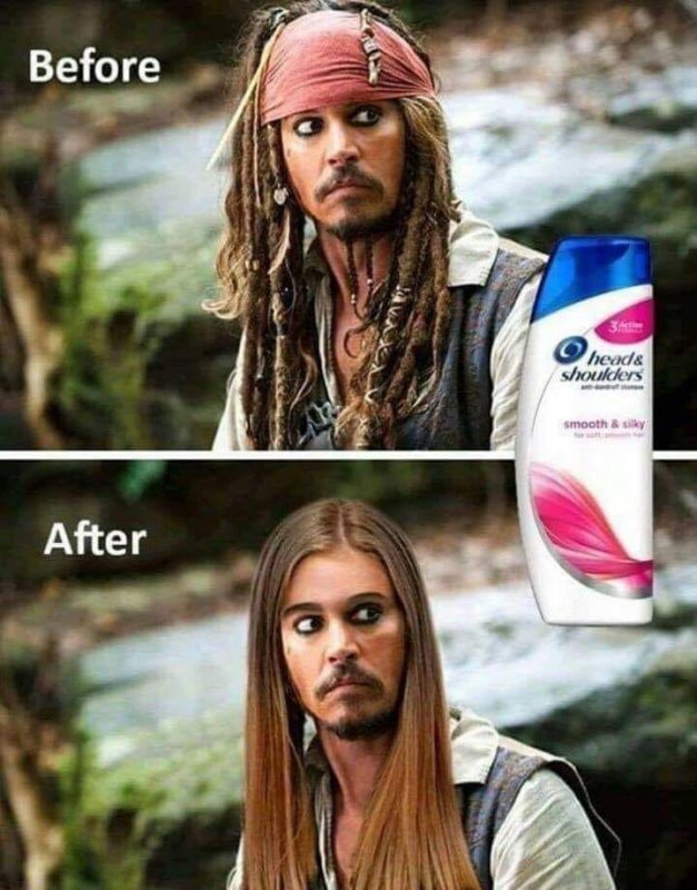 work meme of captain Jack Sparrow trying out shampoo