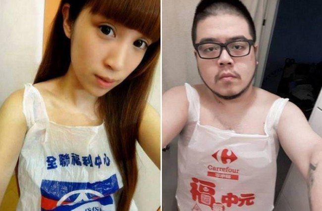 Zheng-xing, a 27-year-old nightclub owner, was one of the first fellows to upload a selfie wearing a Carrefour bag. He didn't expect much from the trend, but wanted to encourage more girls to join in.