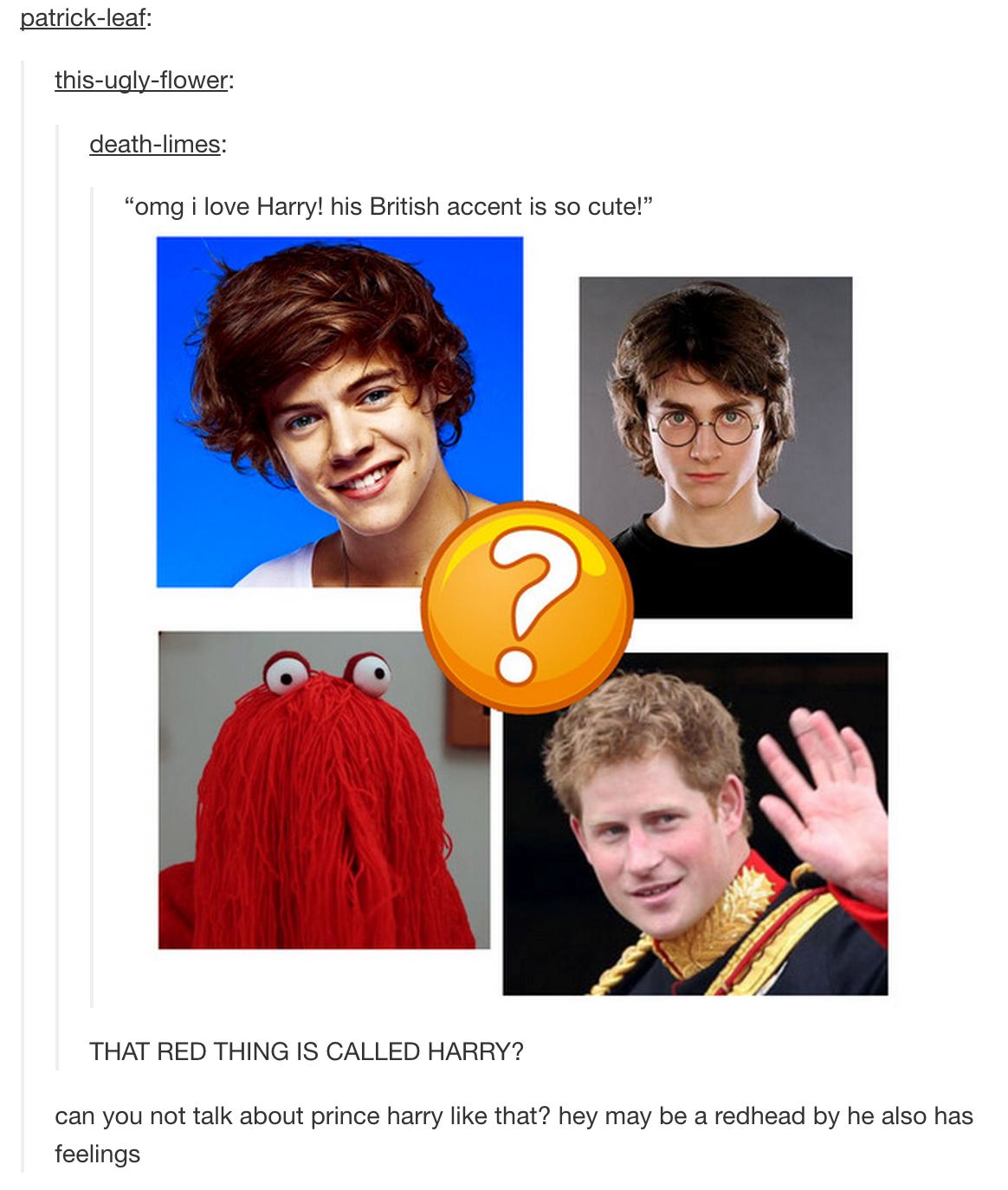tumblr - harry potter harry styles prince harry - patrickleaf thisuglyflower deathlimes "omg i love Harry! his British accent is so cute! That Red Thing Is Called Harry? can you not talk about prince harry that? hey may be a redhead by he also has feeling