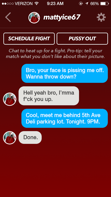 The app uses Tinder based functionality to find real world fist fights for you.