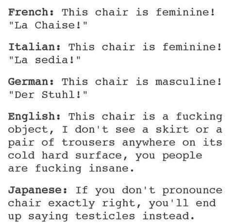 tumblr - japanese chair testicle - French This chair is feminine ! "La Chaise!" Italian This chair is feminine ! "La sedia!" German This chair is masculine ! "Der Stuhl!" English This chair is a fucking object, I don't see a skirt or a pair of trousers an