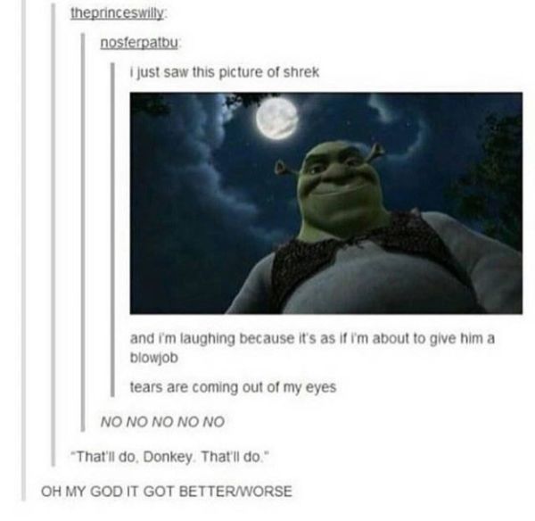 tumblr - posts shrek - theprinceswilly nosferpatbu I just saw this picture of shrek and i'm laughing because it's as if i'm about to give him a blowjob tears are coming out of my eyes No No No No No "That'll do. Donkey That'll do." Oh My God It Got Better