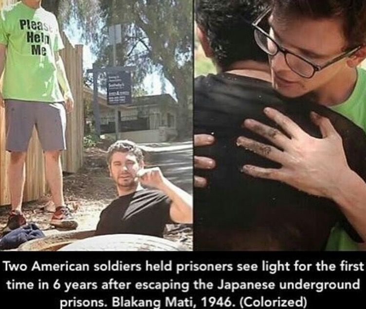 false history meme - Pleas Hela Me Two American soldiers held prisoners see light for the first time in 6 years after escaping the Japanese underground prisons. Blakang Mati, 1946. Colorized