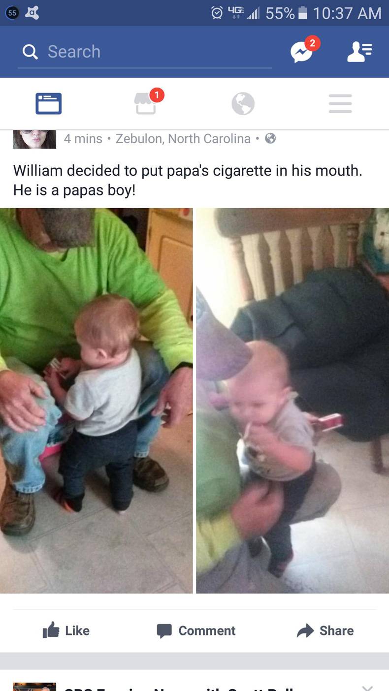video - @ 461 55% Q Search 4 mins Zebulon, North Carolina William decided to put papa's cigarette in his mouth. He is a papas boy! Comment