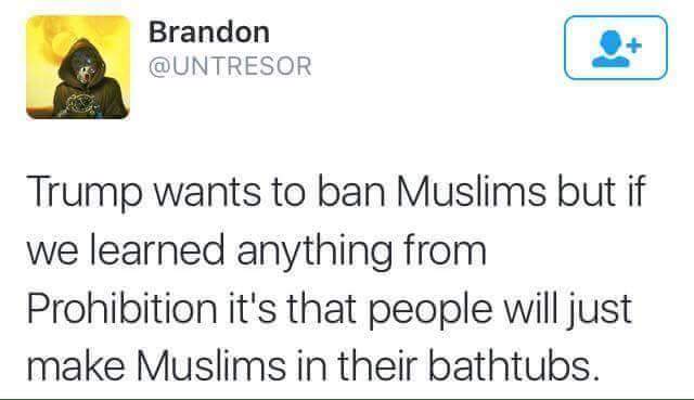 memes  - document - Brandon Trump wants to ban Muslims but if we learned anything from Prohibition it's that people will just make Muslims in their bathtubs.
