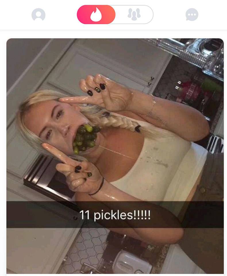 Woman bragging that she has 11 pickles in her mouth.